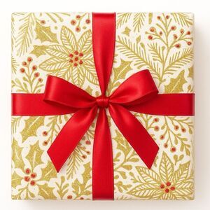 NWT Paper Source Holiday Floral Glitter Wrapping Paper Roll 27.5”x59” Gold & Red